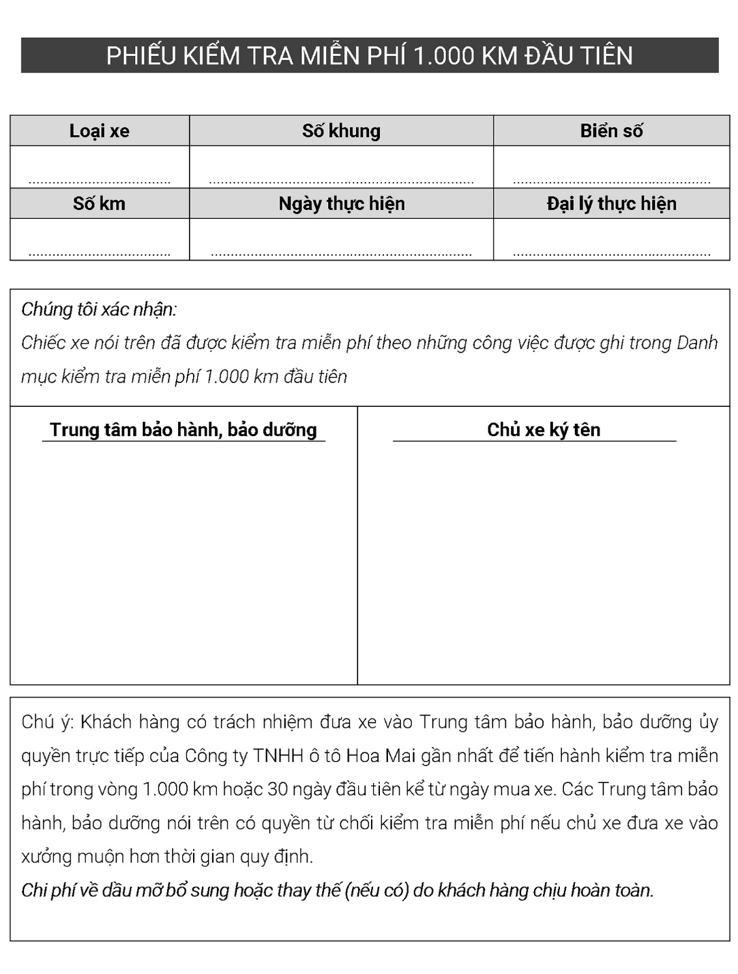 Phiếu kiểm tra miễn phí 1000km đầu tiên Phiếu kiểm tra miễn phí 1000km đầu tiên
