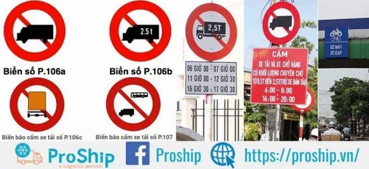 Hình ảnh thực tế một biển báo cấm xe tải P.106b có ghi 2.5T, phía dưới là biển báo phụ ghi khung giờ cấm 6h-21h trên một con đường tại Việt Nam
