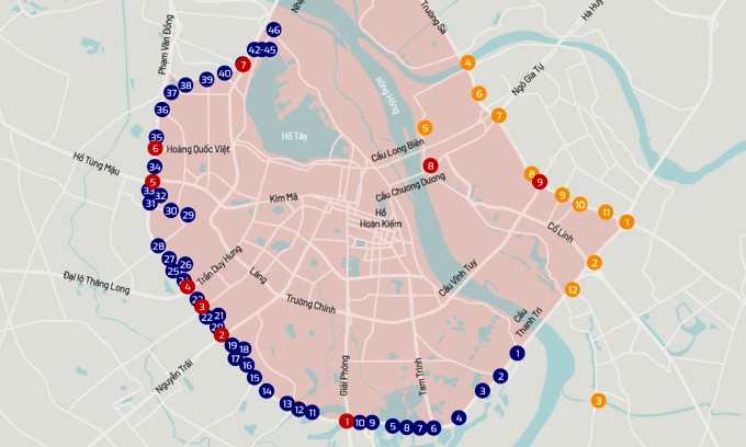 Vị trí đặt các trạm thu phí vào nội đô trên bản đồ