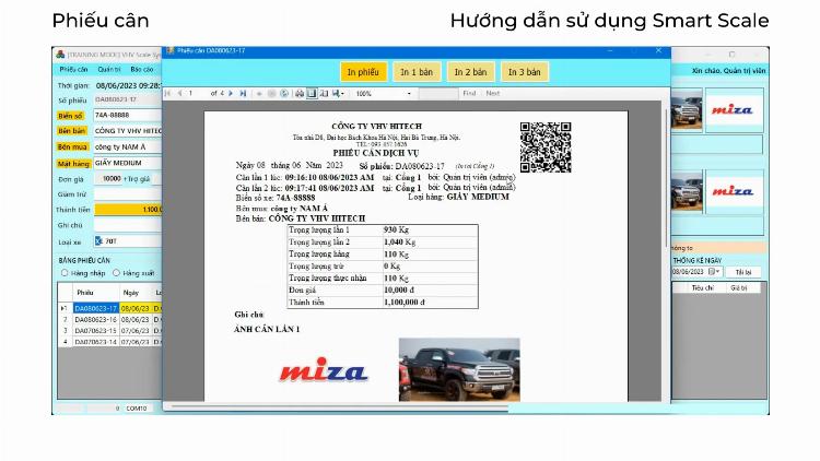 Một phiếu cân xe tải được in ra từ máy, hiển thị rõ các thông số như trọng lượng tổng, trọng lượng bì, trọng lượng hàng, biển số xe và thời gian cân.