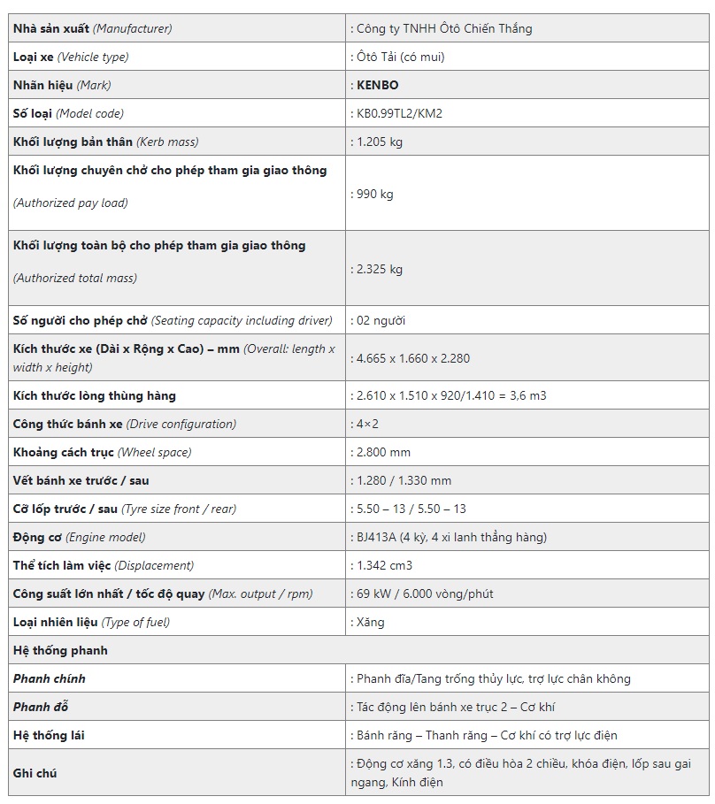 Thông số kỹ thuật xe tải Kenbo 990kg thùng mui bạt 2022