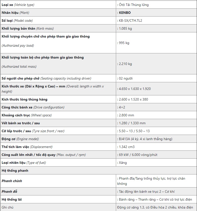 Thông số kỹ thuật xe tải Kenbo thùng lửng