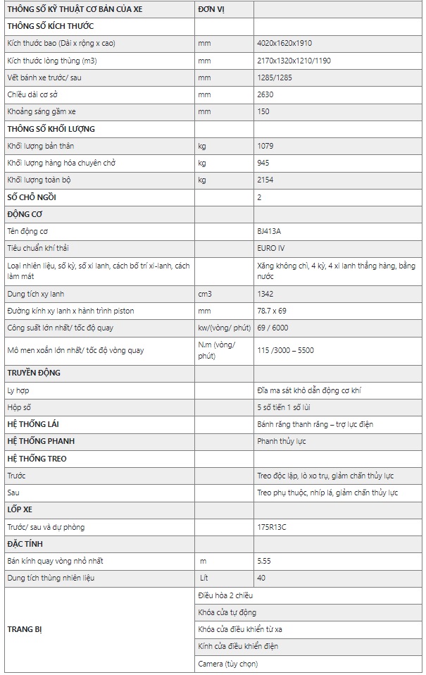 Thông số kỹ thuật xe tải van Kenbo 2 chỗ 2022