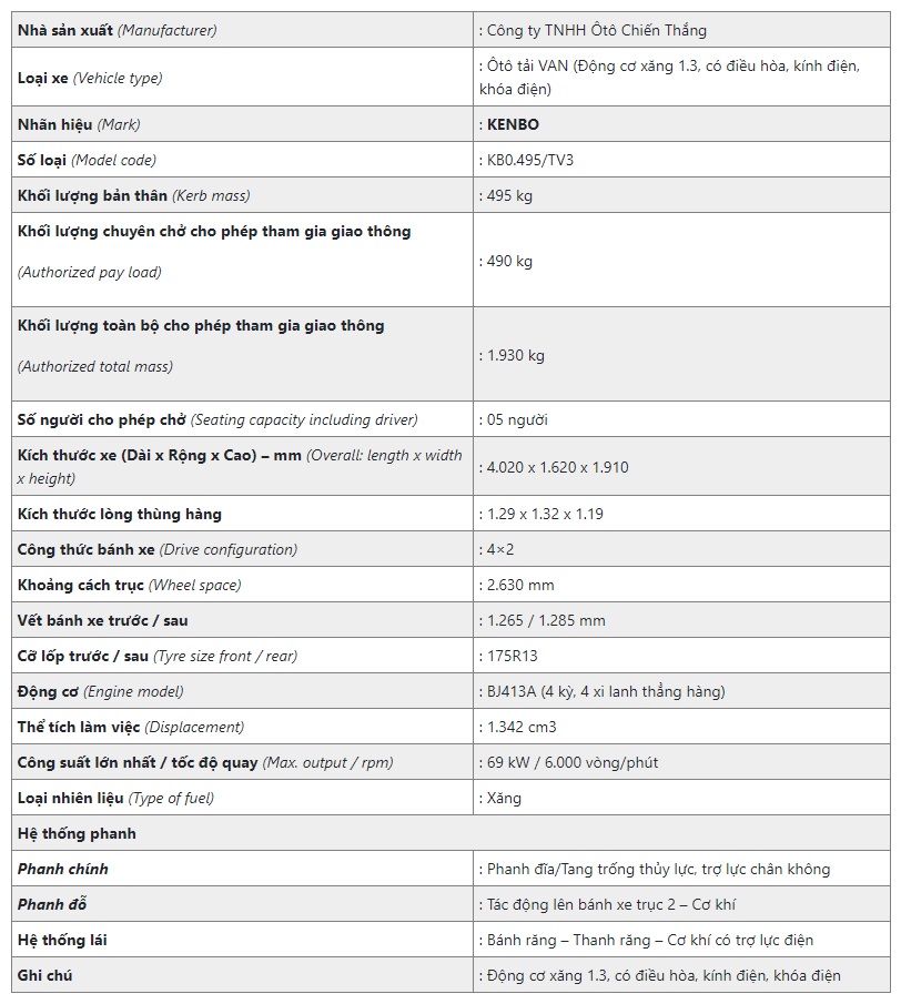 Thông số kỹ thuật xe tải van Kenbo 5 chỗ 2022 Thông số kỹ thuật xe tải van Kenbo 5 chỗ 2022