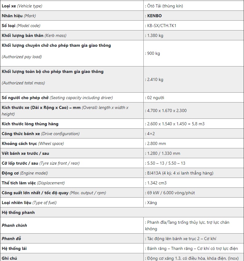 Thông số kỹ thuật xe tải Kenbo thùng kín Inox